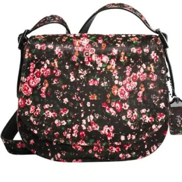 COACH Saddle 23 Cowhide $895 Floral Gunmetal Black Pink Leather CALF HAIR Auth - Picture 6 of 6